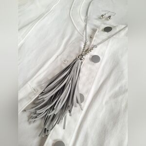 NWOT Light Grey Leather Tassel Necklace/Earrings Set